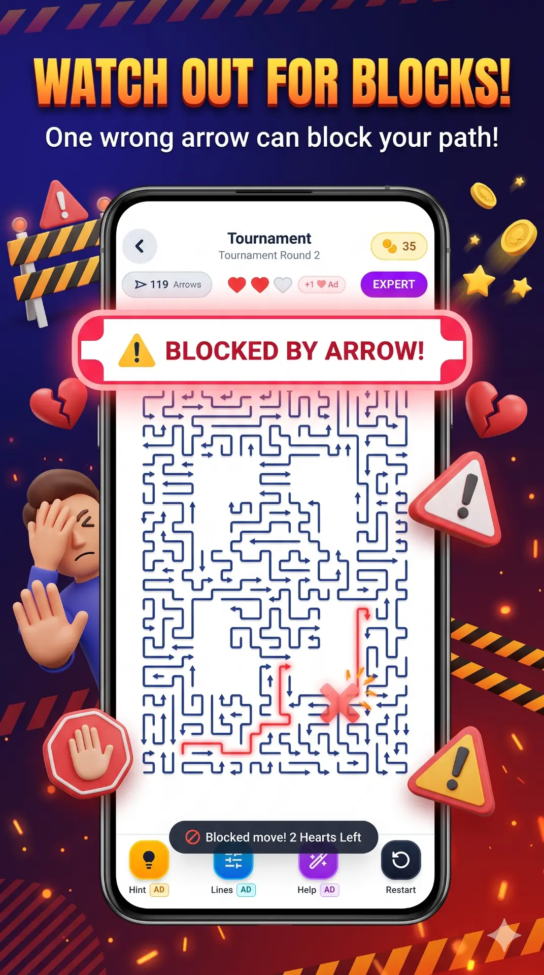Watch out for blocks — one wrong arrow blocks your path
