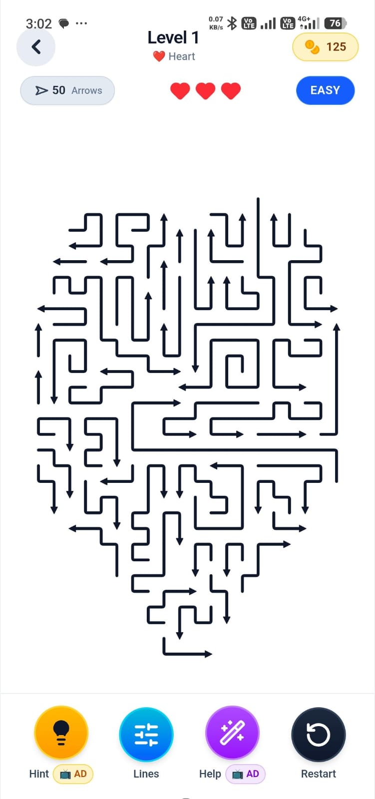 Arrow Puzzle Heart level with a maze made from directional arrows