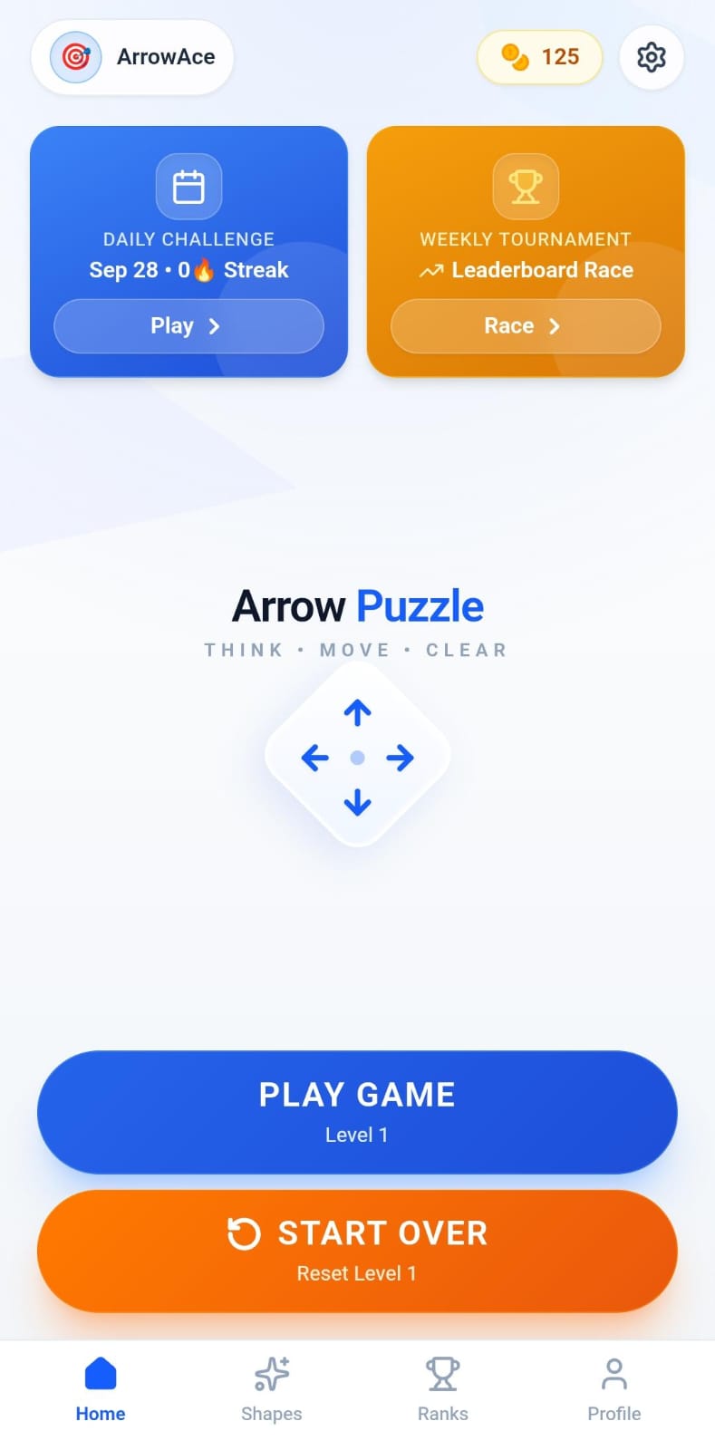 Arrow Puzzle home screen with daily challenge and weekly tournament